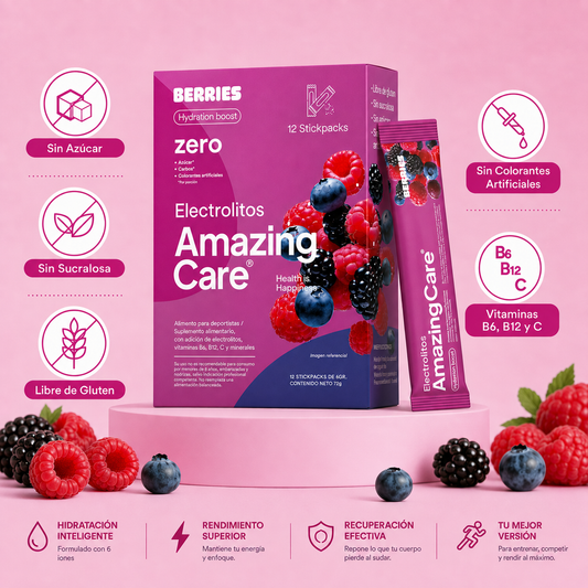 Electrolitos en Polvo Sabor Berries 30 Sticks - Amazing Care® | Electrolitos Hidratantes