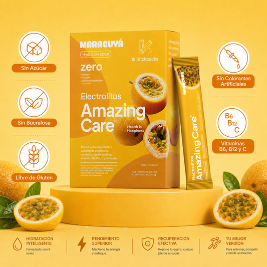 Electrolitos en Polvo Sabor Maracuyá 30 Sticks - Amazing Care® | Electrolitos Hidratantes