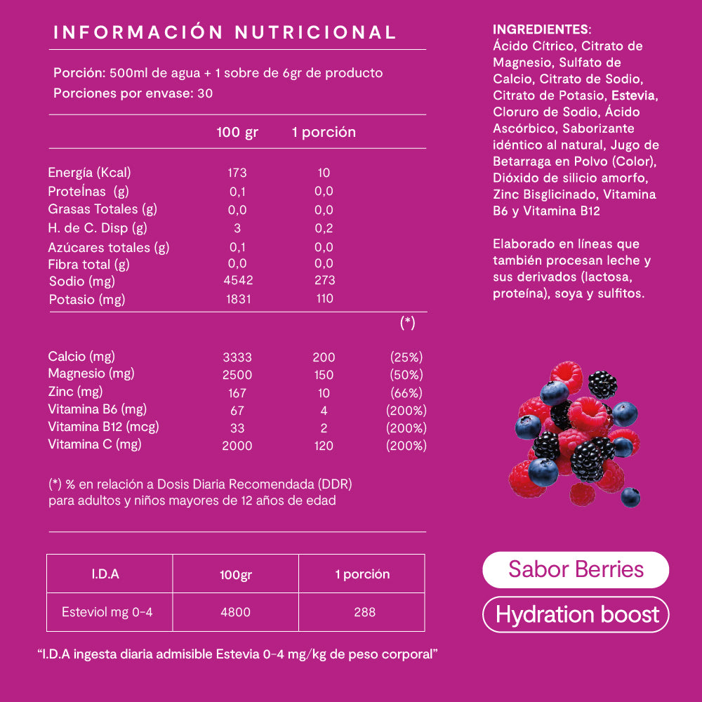 Electrolitos en Polvo Sabor Berries 30 Sticks - Amazing Care® | Electrolitos Hidratantes