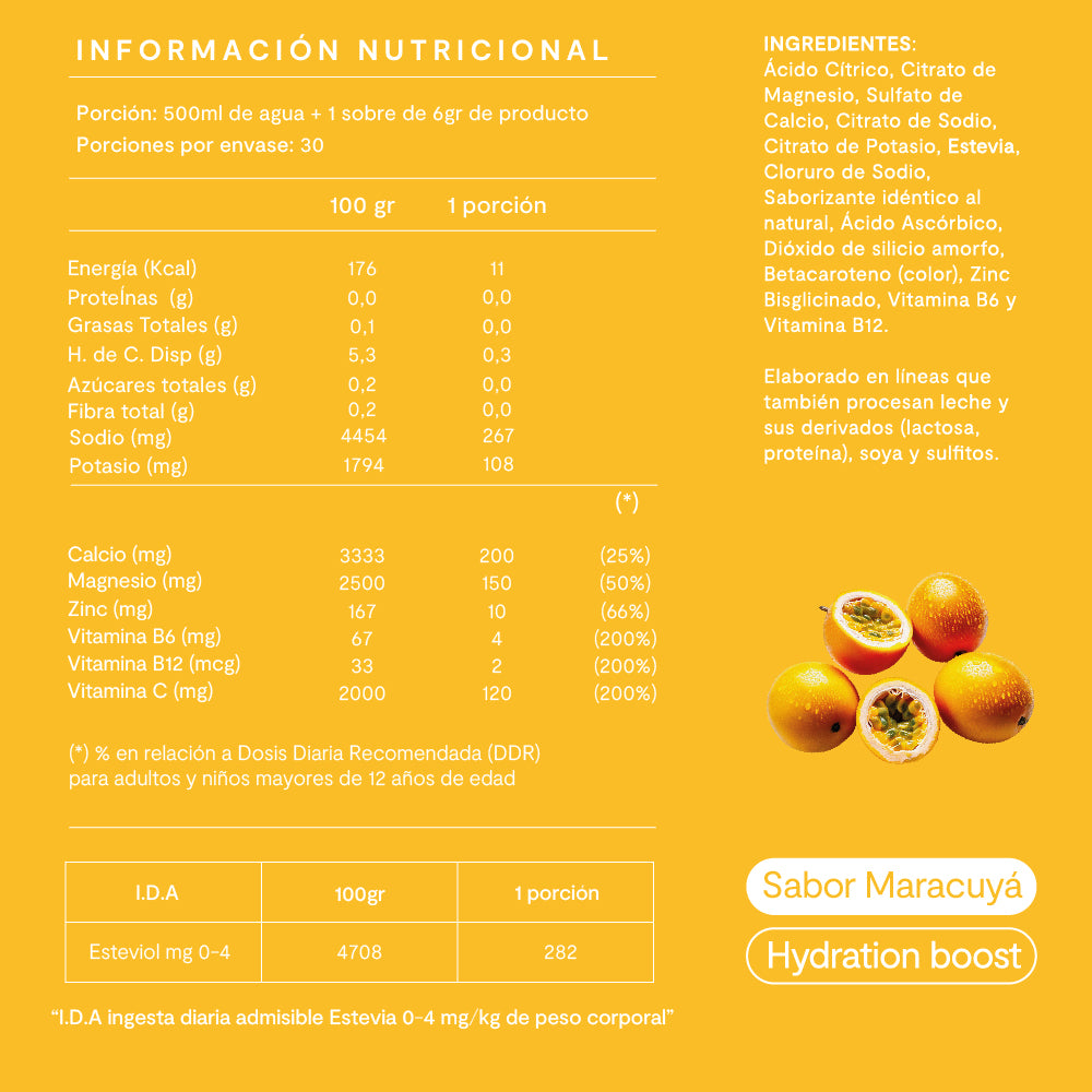 Electrolitos en Polvo Sabor Maracuyá 30 Sticks - Amazing Care® | Electrolitos Hidratantes