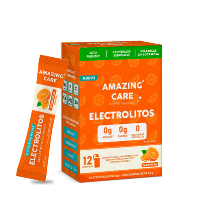 Electrolitos Sabor Naranja - Bebida Hidratante en Polvo 12 sticks - Amazing Care® | Electrolitos Hidratantes