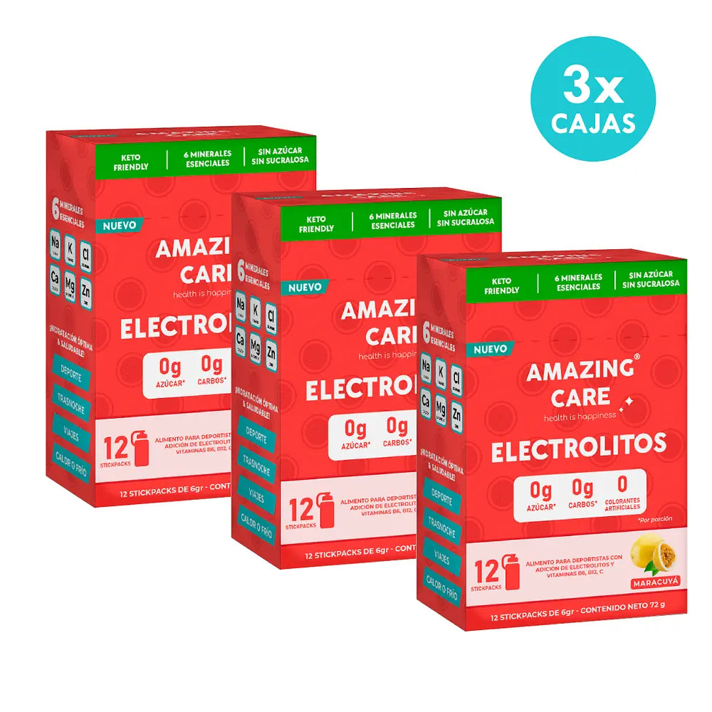 Pack 3x Electrolitos Sabor Maracuyá (36 sticks) - Amazing Care® | Electrolitos Hidratantes