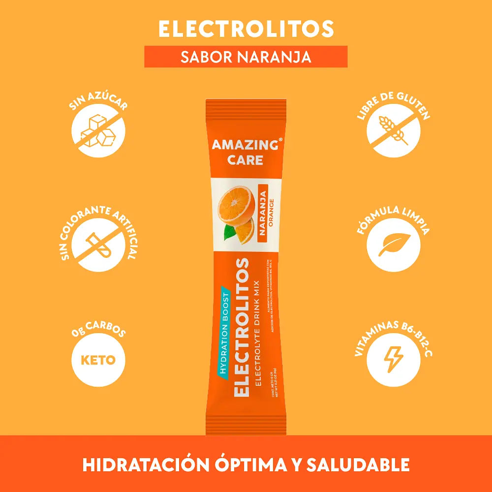 Electrolitos Sabor Naranja - Bebida Hidratante en Polvo 12 sticks - Amazing Care® | Electrolitos Hidratantes