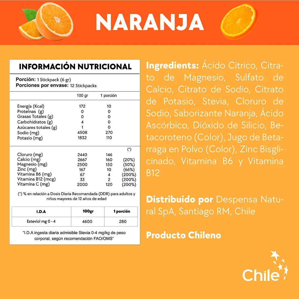 Electrolitos Sabor Naranja - Bebida Hidratante en Polvo 12 sticks - Amazing Care® | Electrolitos Hidratantes