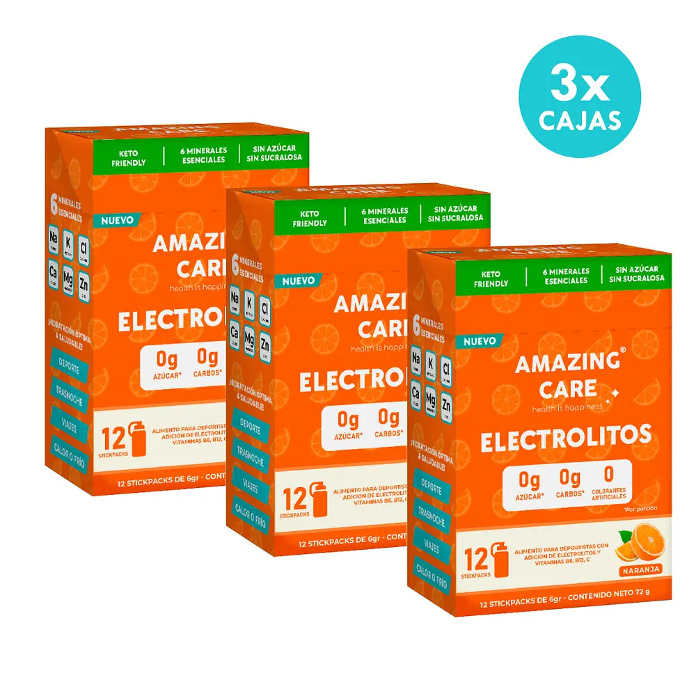 Pack 3x Electrolitos Sabor Naranja (36 sticks) - Amazing Care® | Electrolitos Hidratantes