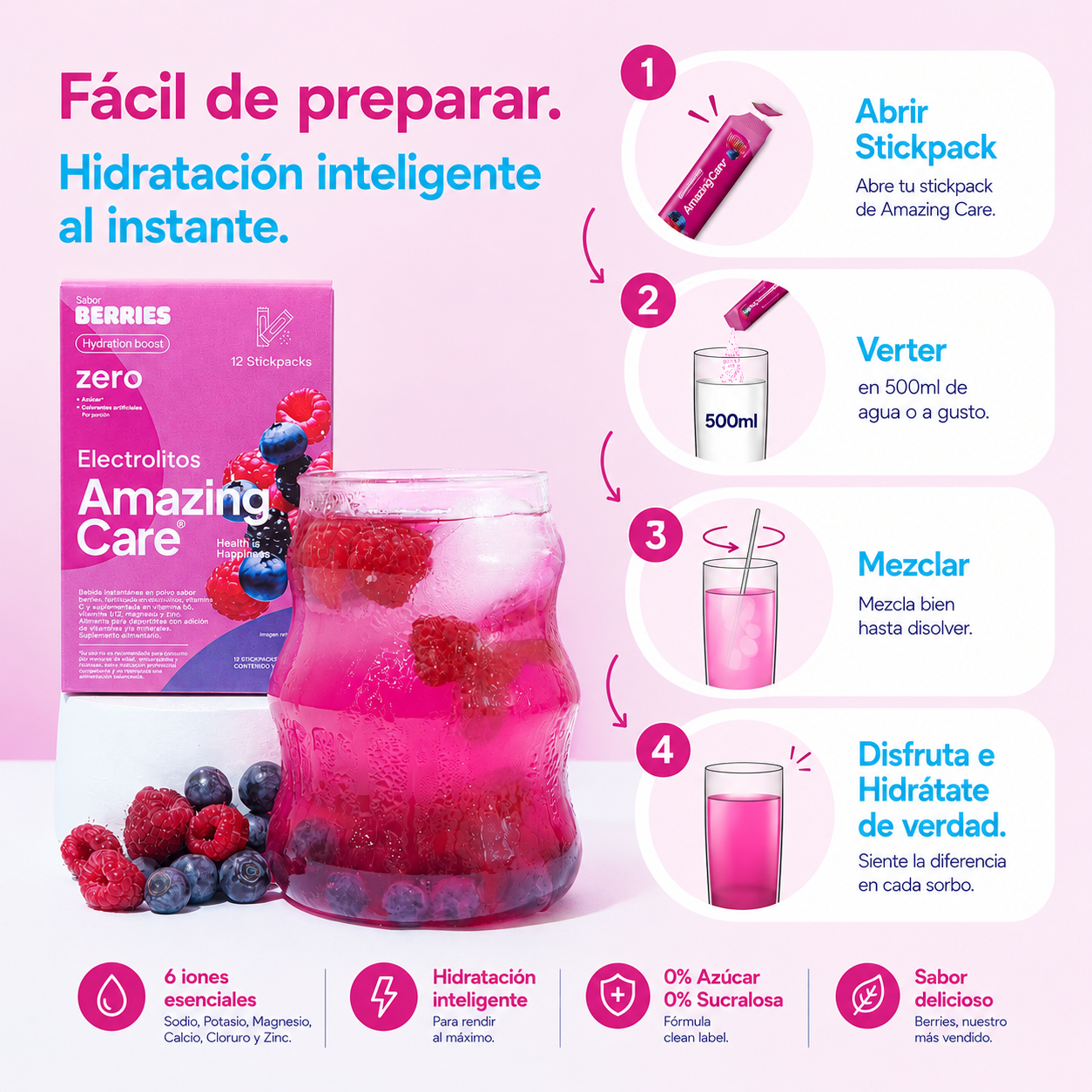Electrolitos en Polvo Sabor Berries 30 Sticks - Amazing Care® | Electrolitos Hidratantes