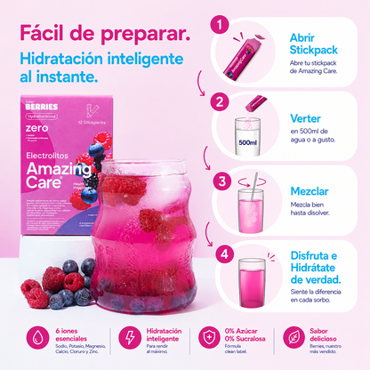 Electrolitos en Polvo Sabor Berries 30 Sticks - Amazing Care® | Electrolitos Hidratantes