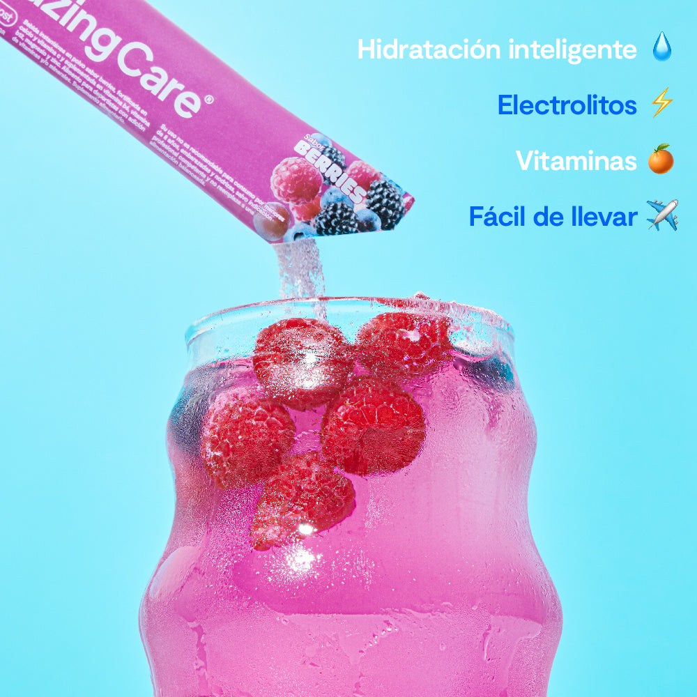 Electrolitos en Polvo Sabor Berries 30 Sticks - Amazing Care® | Electrolitos Hidratantes