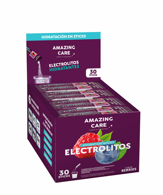 Electrolitos en Polvo Sabor Berries 30 Sticks - Amazing Care® | Electrolitos Hidratantes