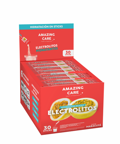 Electrolitos en Polvo Sabor Maracuyá 30 Sticks - Amazing Care® | Electrolitos Hidratantes