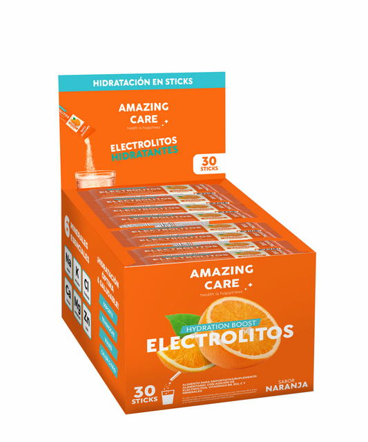 Electrolitos en Polvo Sabor Naranja 30 Sticks - Amazing Care® | Electrolitos Hidratantes