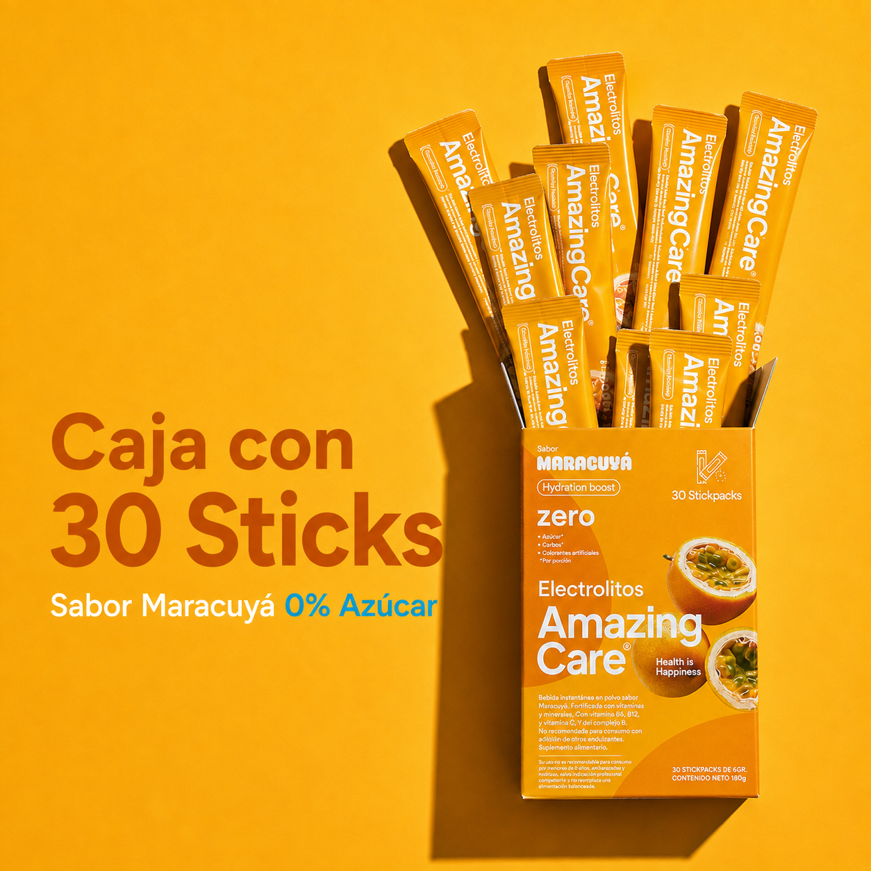 Electrolitos en Polvo Sabor Maracuyá 30 Sticks - Amazing Care® | Electrolitos Hidratantes