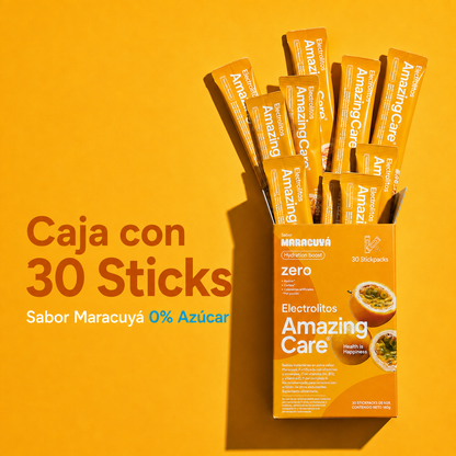 Electrolitos en Polvo Sabor Maracuyá 30 Sticks - Amazing Care® | Electrolitos Hidratantes