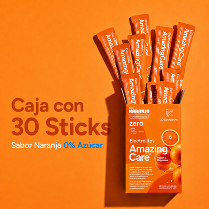 Electrolitos en Polvo Sabor Naranja 30 Sticks - Amazing Care® | Electrolitos Hidratantes