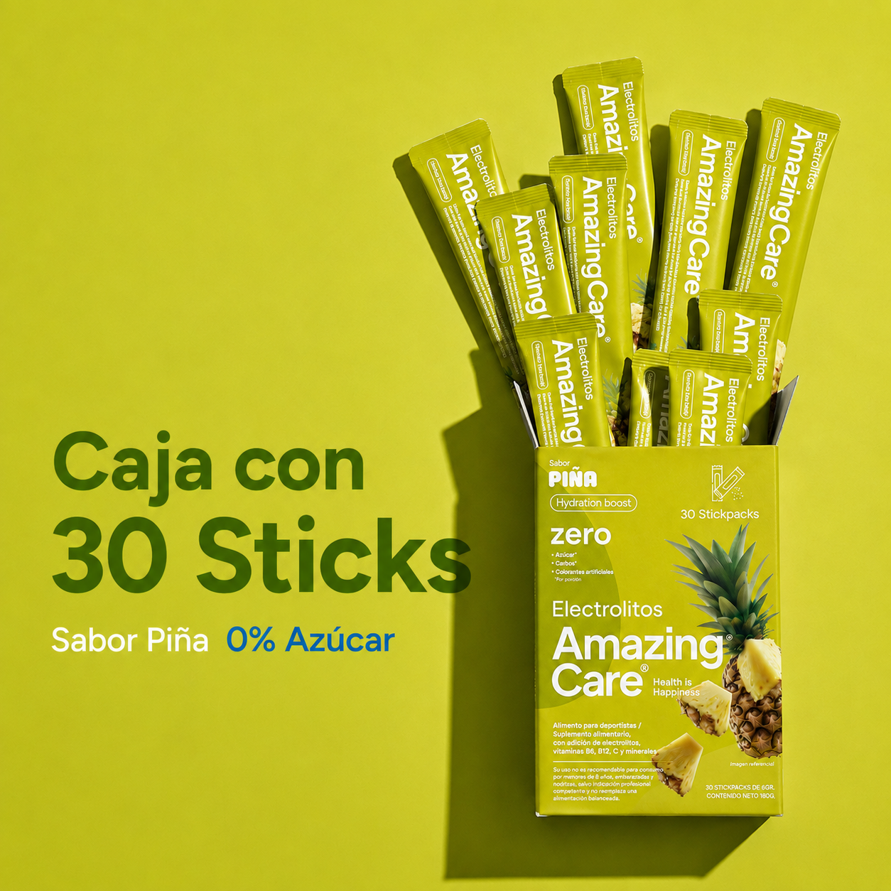 Electrolitos en Polvo Sabor Piña 30 Sticks - Amazing Care® | Electrolitos Hidratantes