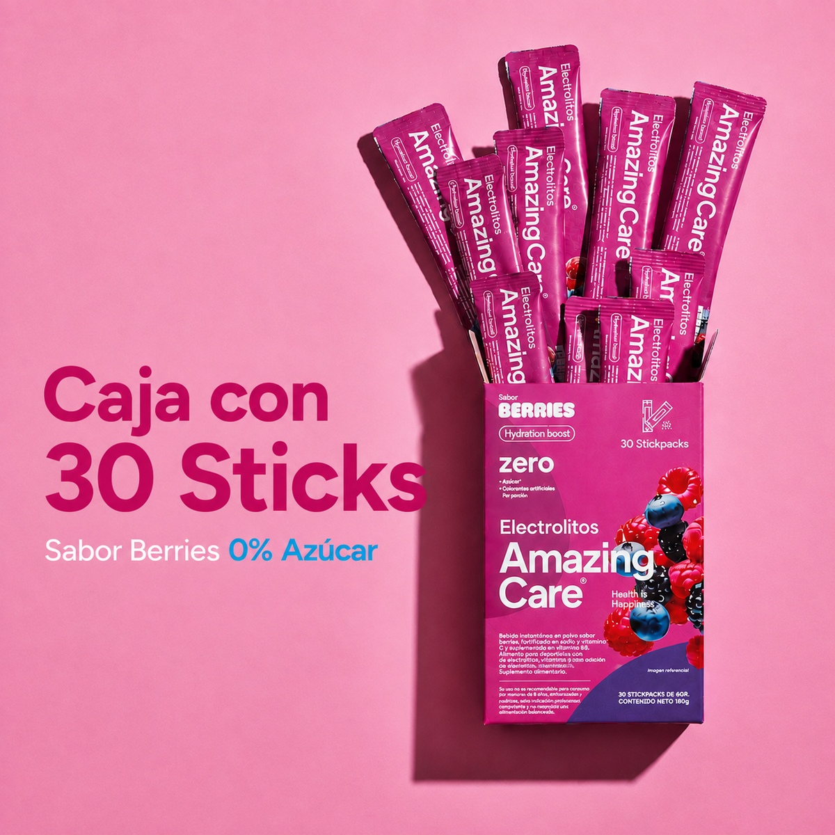 Electrolitos en Polvo Sabor Berries 30 Sticks - Amazing Care® | Electrolitos Hidratantes