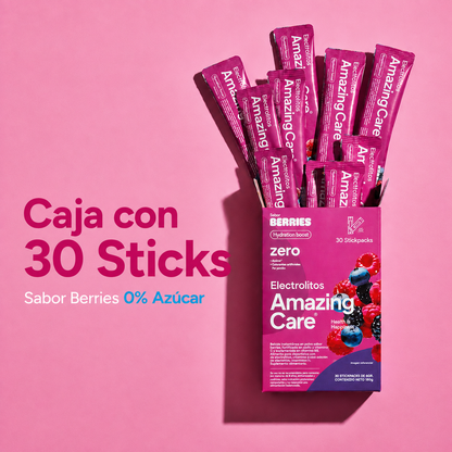 Electrolitos en Polvo Sabor Berries 30 Sticks - Amazing Care® | Electrolitos Hidratantes