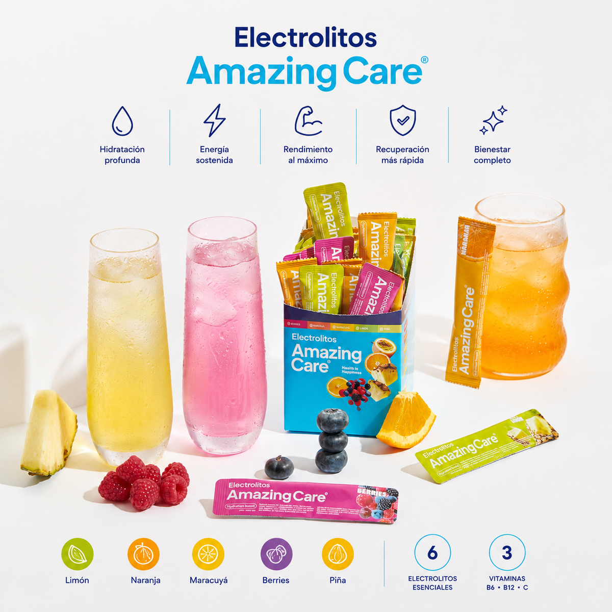 Pack Mix Electrolitos 5 Sabores (60 sticks) - Amazing Care® | Electrolitos Hidratantes