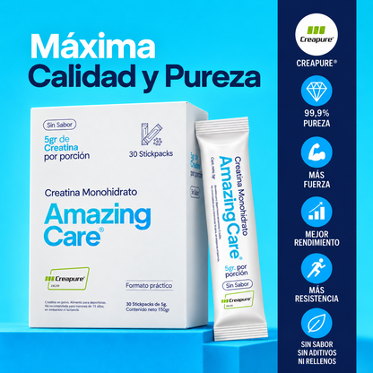 Creatina Creapure® Sin Sabor 30 Sticks - Amazing Care® | Electrolitos Hidratantes