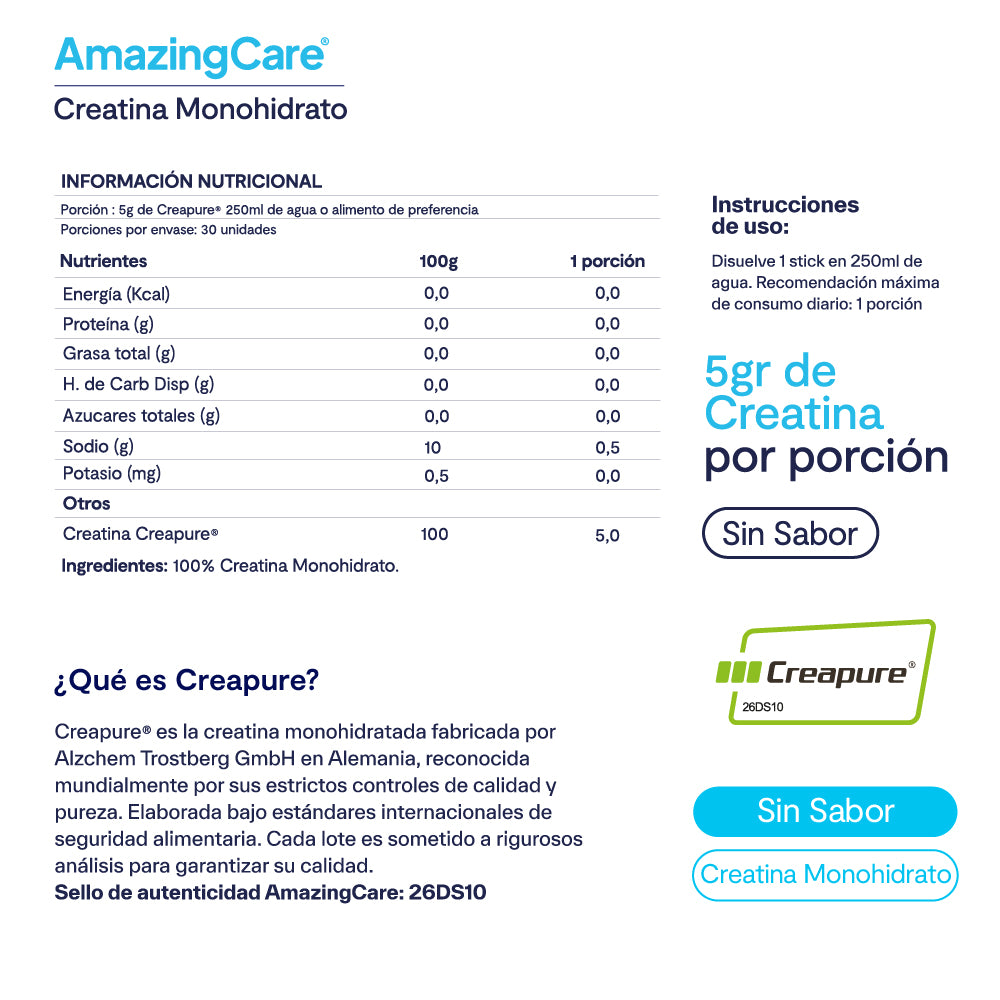 Creatina Creapure® Sin Sabor 30 Sticks - Amazing Care® | Electrolitos Hidratantes