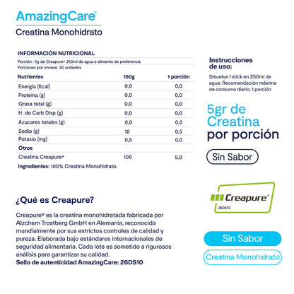 Creatina Creapure® Sin Sabor 30 Sticks - Amazing Care® | Electrolitos Hidratantes