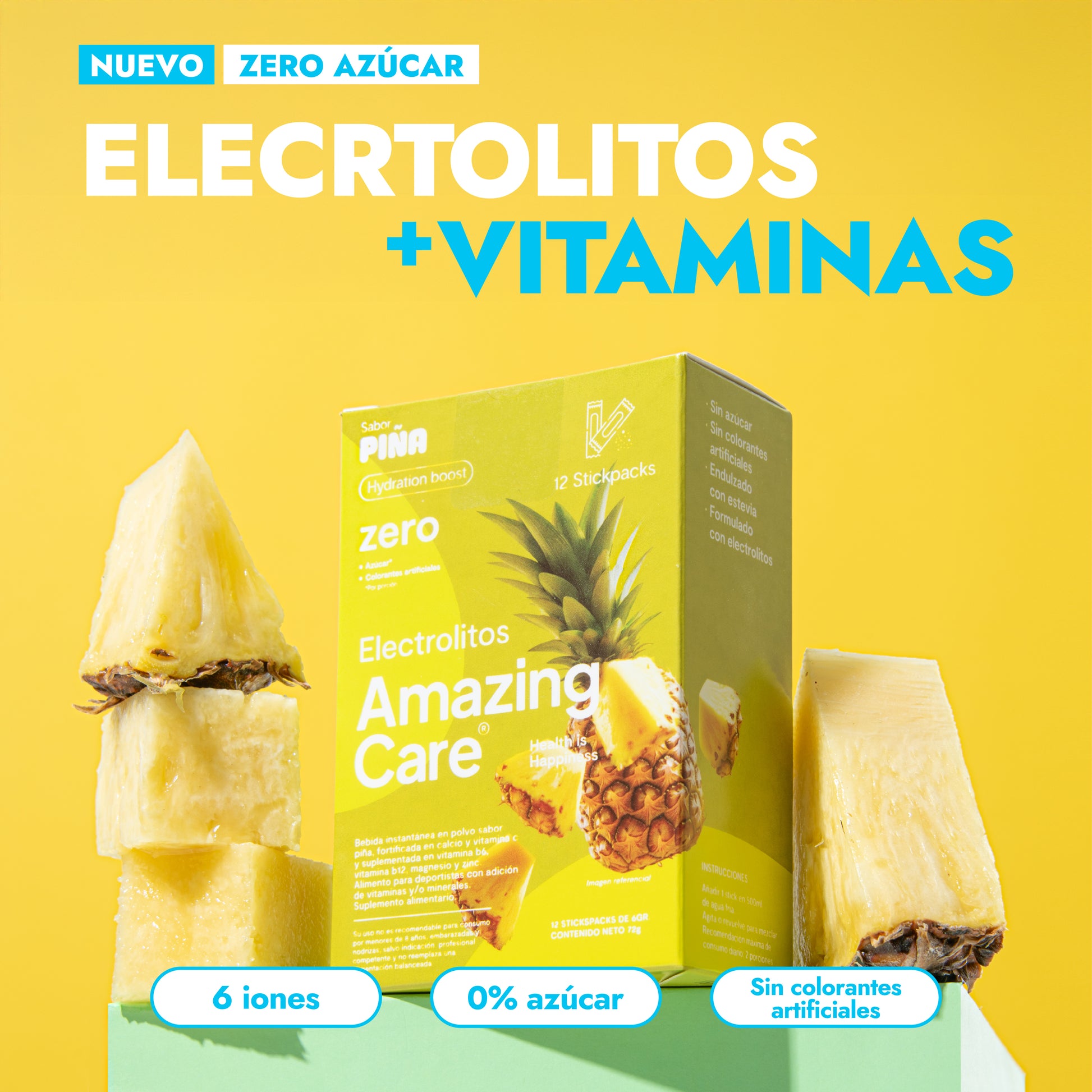 Electrolitos en Polvo Sabor Piña 30 Sticks - Amazing Care® | Electrolitos Hidratantes
