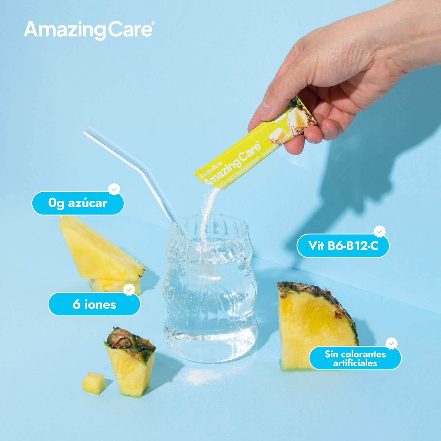 Electrolitos en Polvo Sabor Piña 30 Sticks - Amazing Care® | Electrolitos Hidratantes