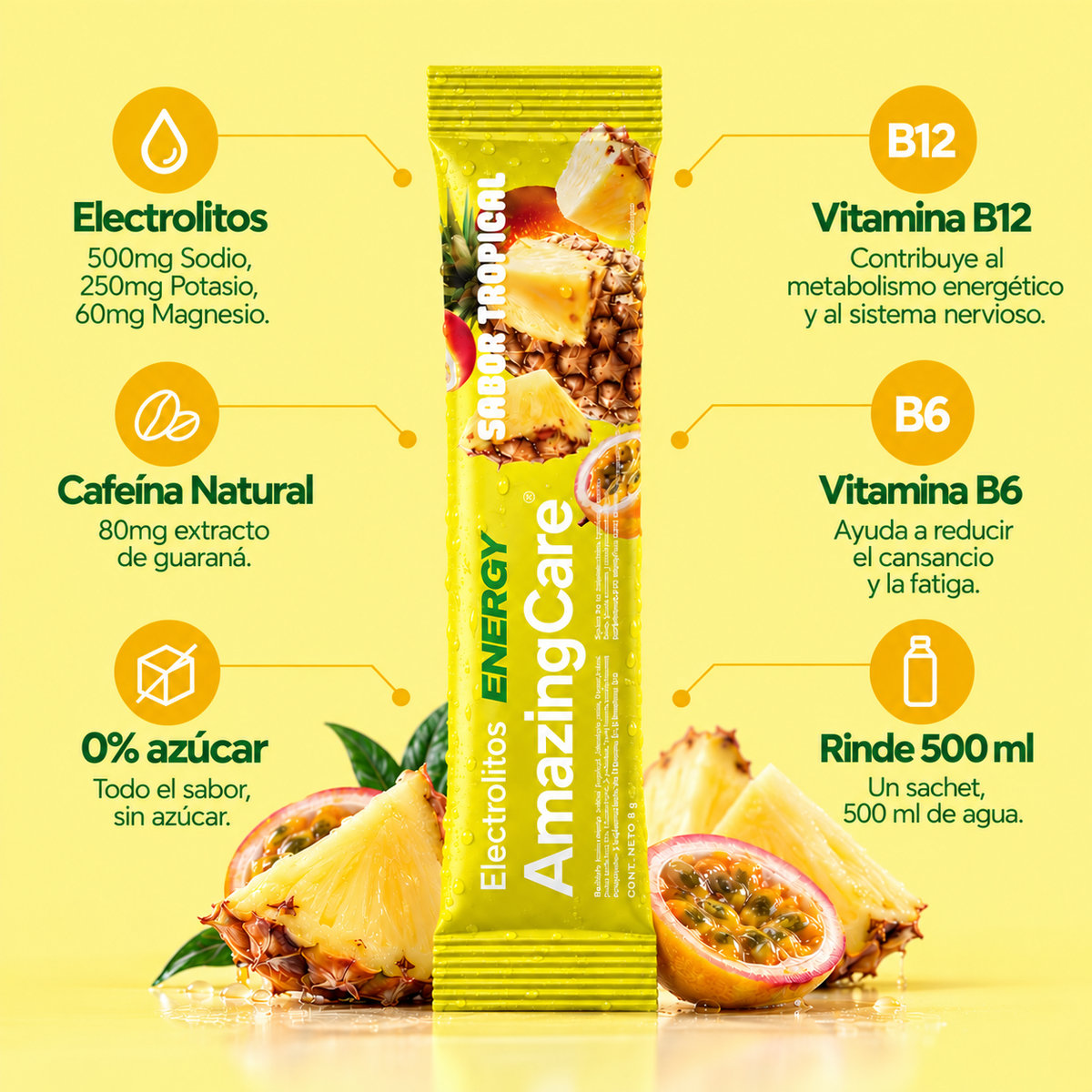 Electrolitos en Polvo Energy Sabor Tropical 10 Sticks - Amazing Care® | Electrolitos Hidratantes