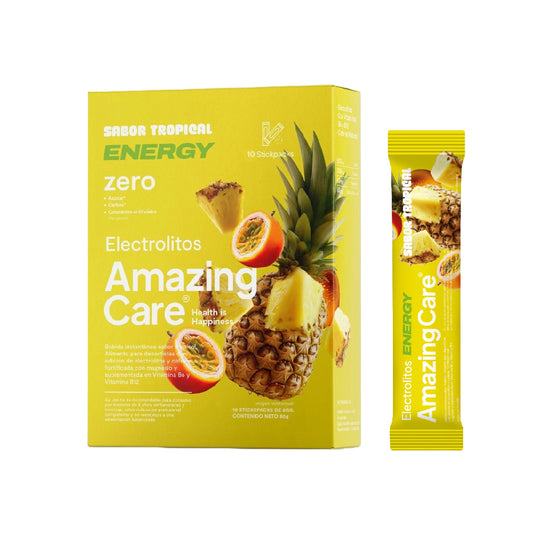 Electrolitos en Polvo Energy Sabor Tropical 10 Sticks - Amazing Care® | Electrolitos Hidratantes