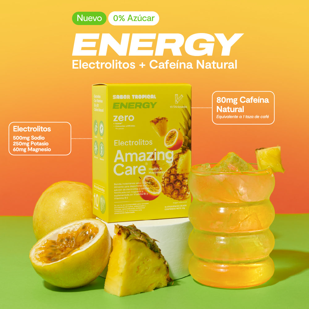 Electrolitos en Polvo Energy Sabor Tropical 10 Sticks - Amazing Care® | Electrolitos Hidratantes
