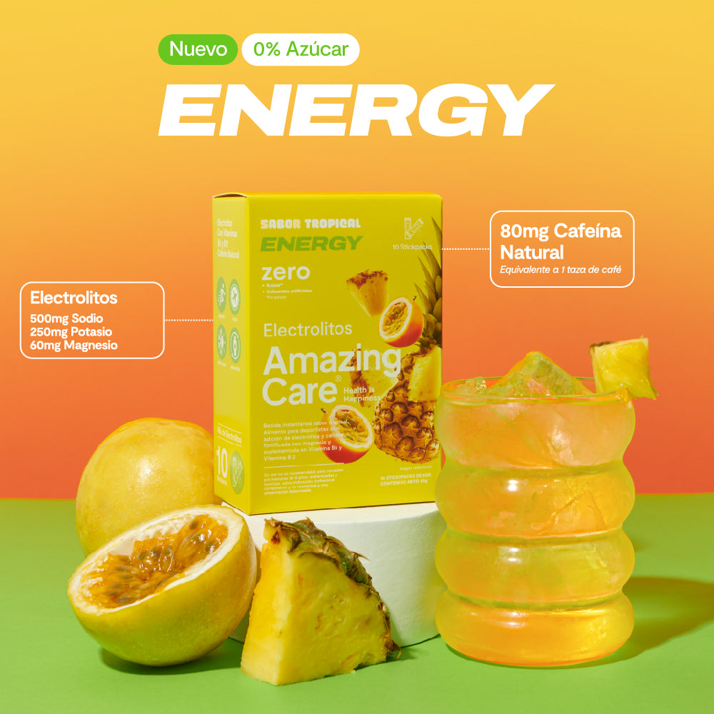 Electrolitos en Polvo Energy Sabor Tropical 10 Sticks - Amazing Care® | Electrolitos Hidratantes
