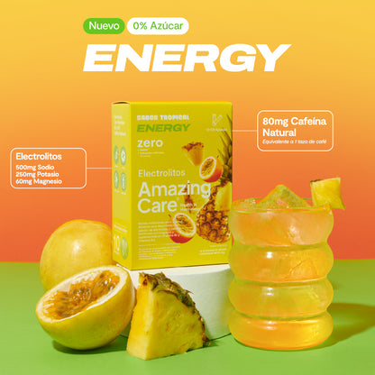Electrolitos en Polvo Energy Sabor Tropical 10 Sticks - Amazing Care® | Electrolitos Hidratantes