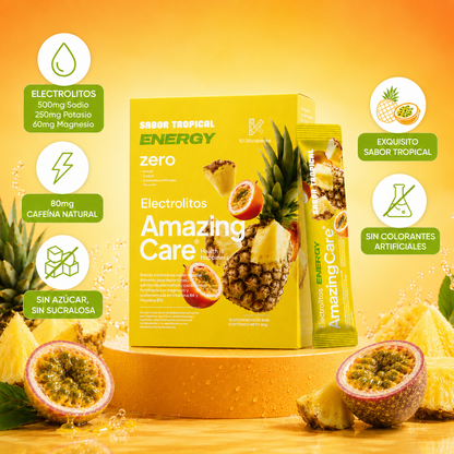 Electrolitos en Polvo Energy Sabor Tropical 10 Sticks - Amazing Care® | Electrolitos Hidratantes