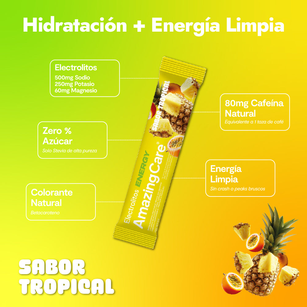 Electrolitos en Polvo Energy Sabor Tropical 10 Sticks - Amazing Care® | Electrolitos Hidratantes