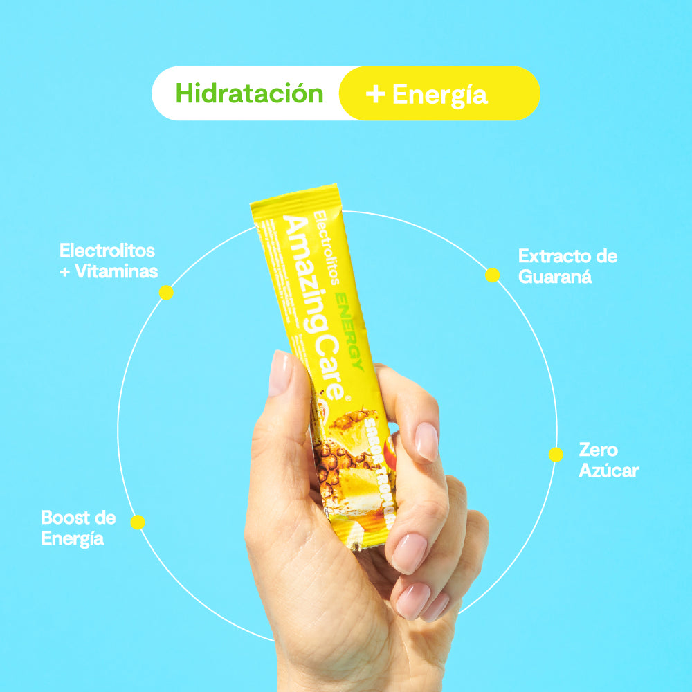 Electrolitos en Polvo Energy Sabor Tropical 10 Sticks - Amazing Care® | Electrolitos Hidratantes