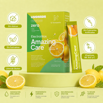 Electrolitos en Polvo Sabor Limonada 30 Sticks - Amazing Care® | Electrolitos Hidratantes