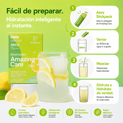 Electrolitos en Polvo Sabor Limonada 30 Sticks - Amazing Care® | Electrolitos Hidratantes