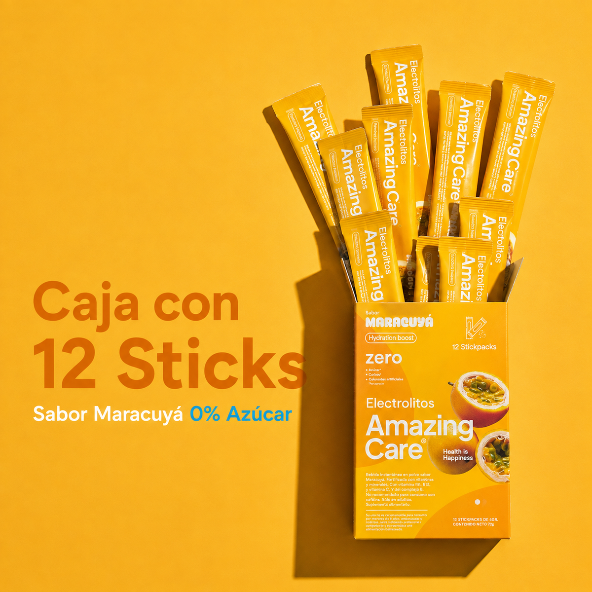 Electrolitos en Polvo Sabor Maracuyá 12 Sticks - Amazing Care® | Electrolitos Hidratantes