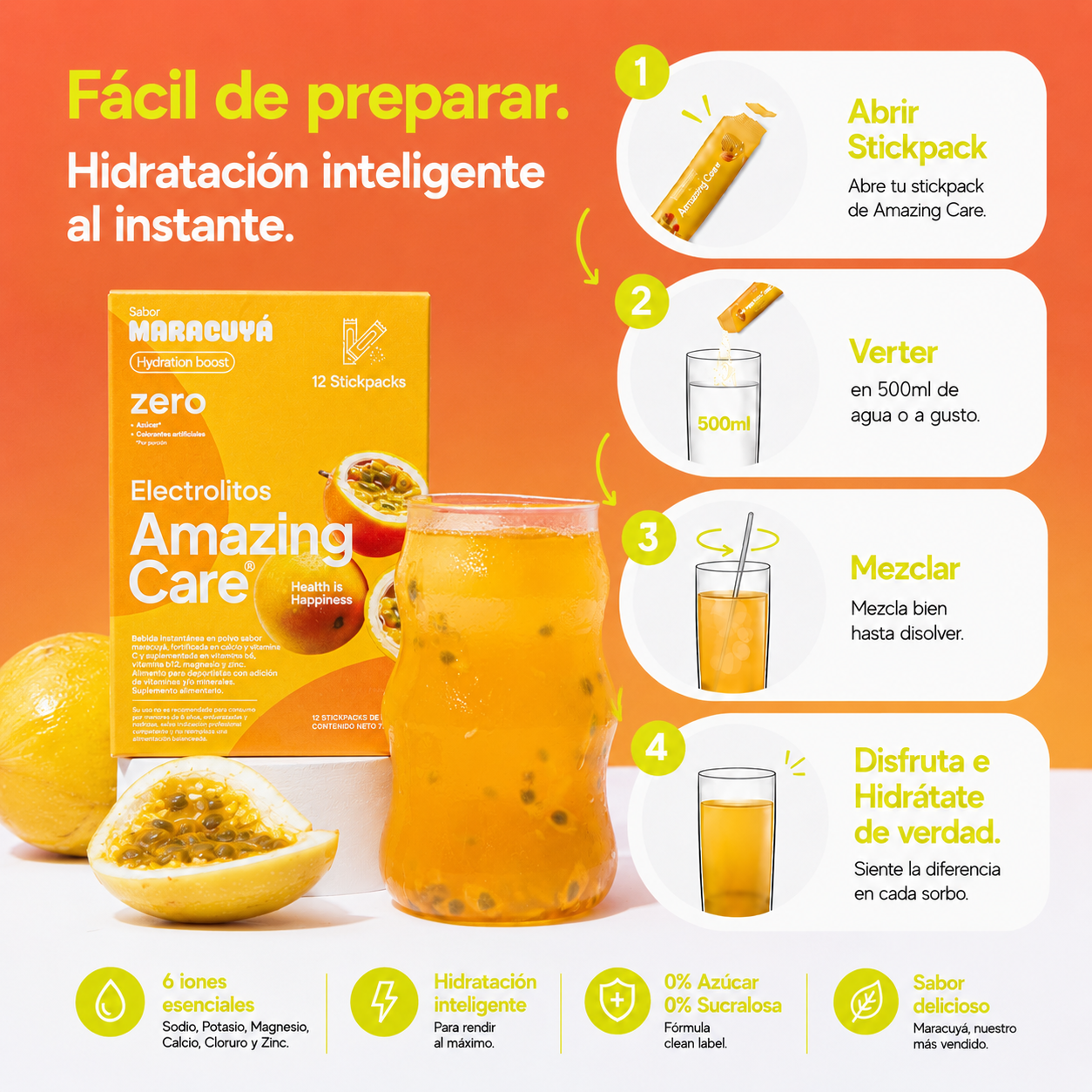 Electrolitos en Polvo Sabor Maracuyá 30 Sticks - Amazing Care® | Electrolitos Hidratantes