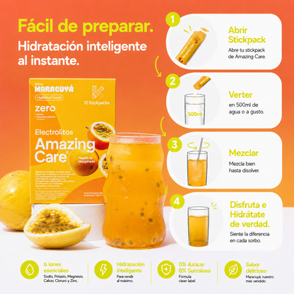 Electrolitos en Polvo Sabor Maracuyá 30 Sticks - Amazing Care® | Electrolitos Hidratantes