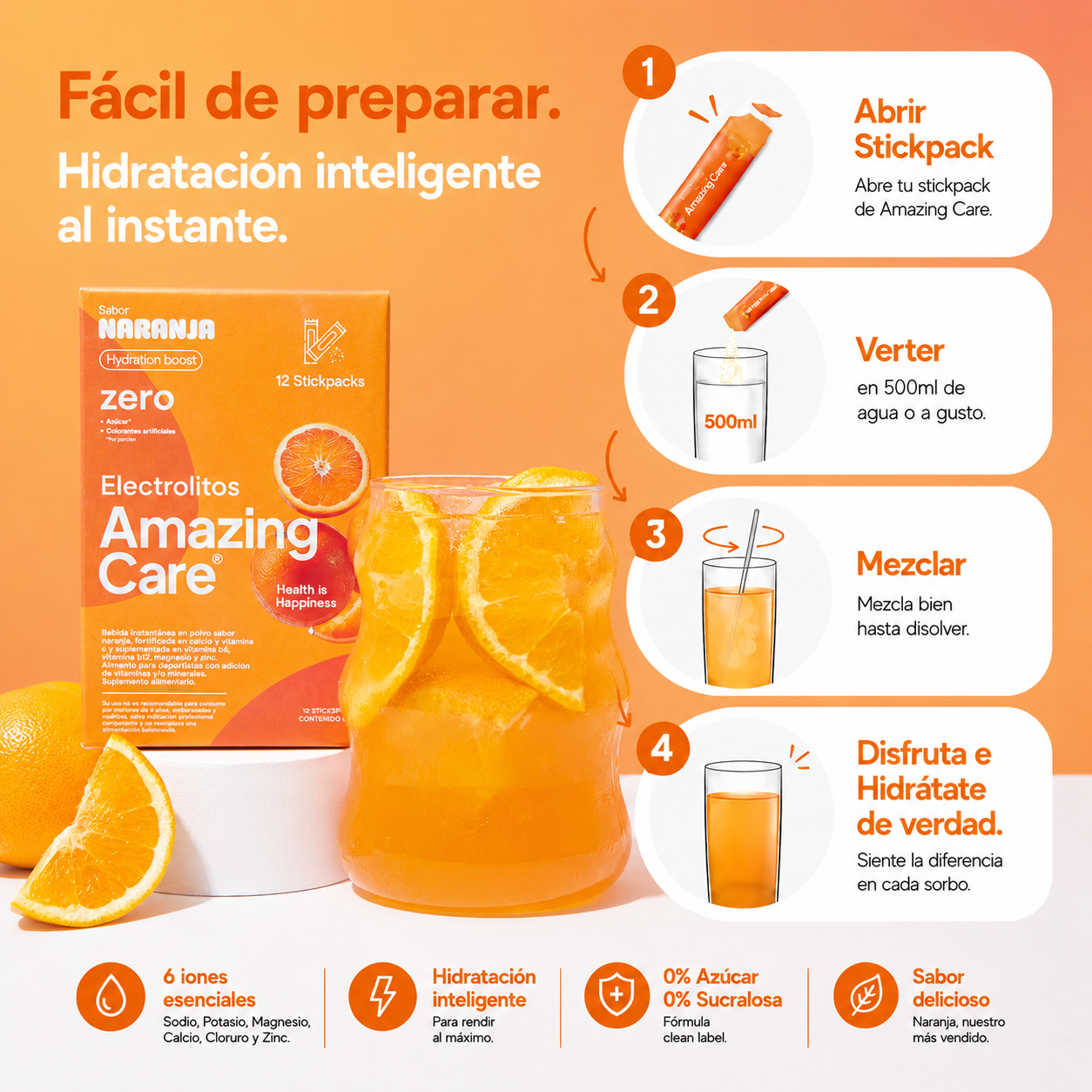 Electrolitos en Polvo Sabor Naranja 12 Sticks