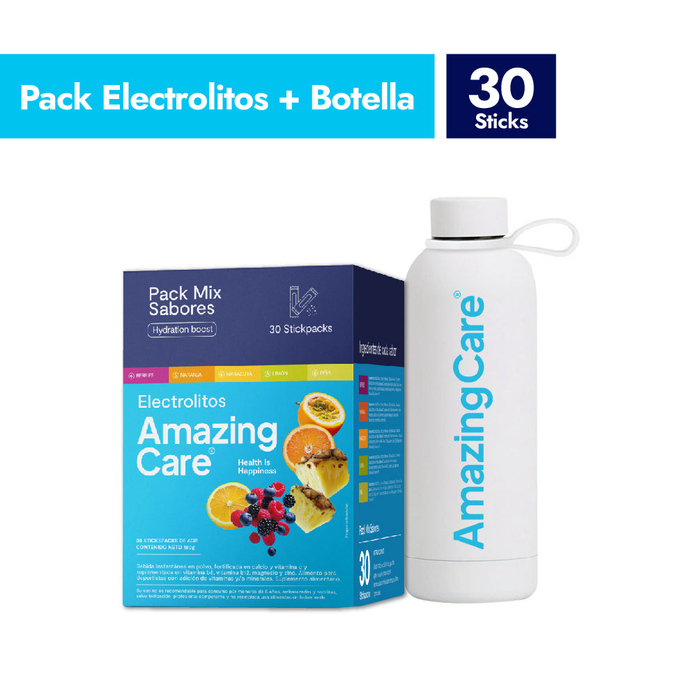 Pack Sport 1: Electrolitos Mix Sabores + Botella Térmica - Amazing Care® | Electrolitos Hidratantes