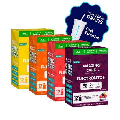 Pack 4x Electrolitos Mix Sabores + Vaso Regalo - Amazing Care® | Electrolitos Hidratantes