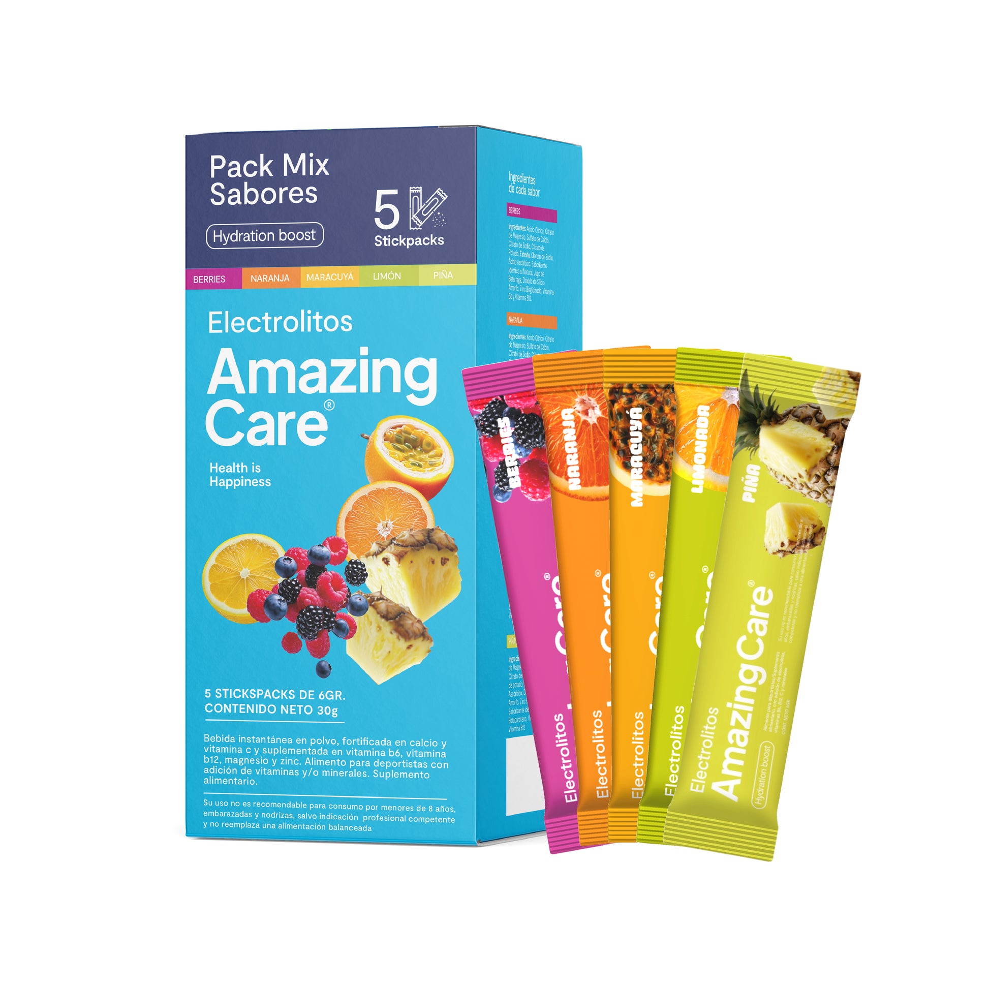 Electrolitos en Polvo Mix Sabores 5 Sticks - Amazing Care® | Electrolitos Hidratantes