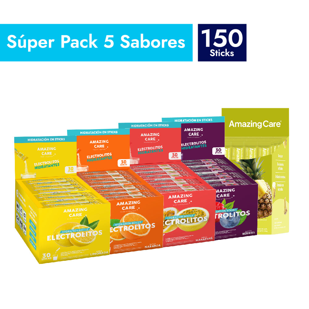 Súper Pack Electrolitos 5 Sabores (150 sticks) - Amazing Care® | Electrolitos Hidratantes
