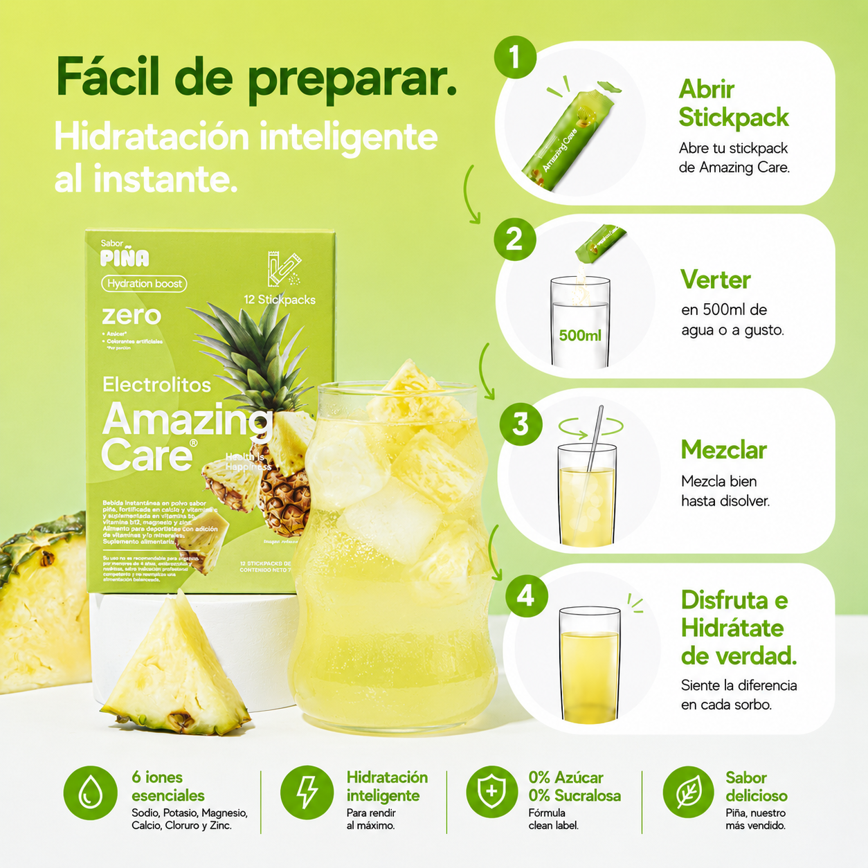 Electrolitos en Polvo Sabor Piña 30 Sticks - Amazing Care® | Electrolitos Hidratantes