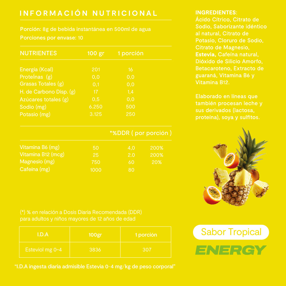 Electrolitos en Polvo Energy Sabor Tropical 10 Sticks - Amazing Care® | Electrolitos Hidratantes