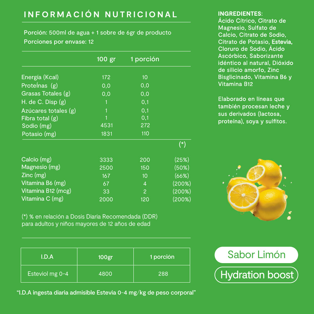 Electrolitos en Polvo Sabor Limonada 12 Sticks