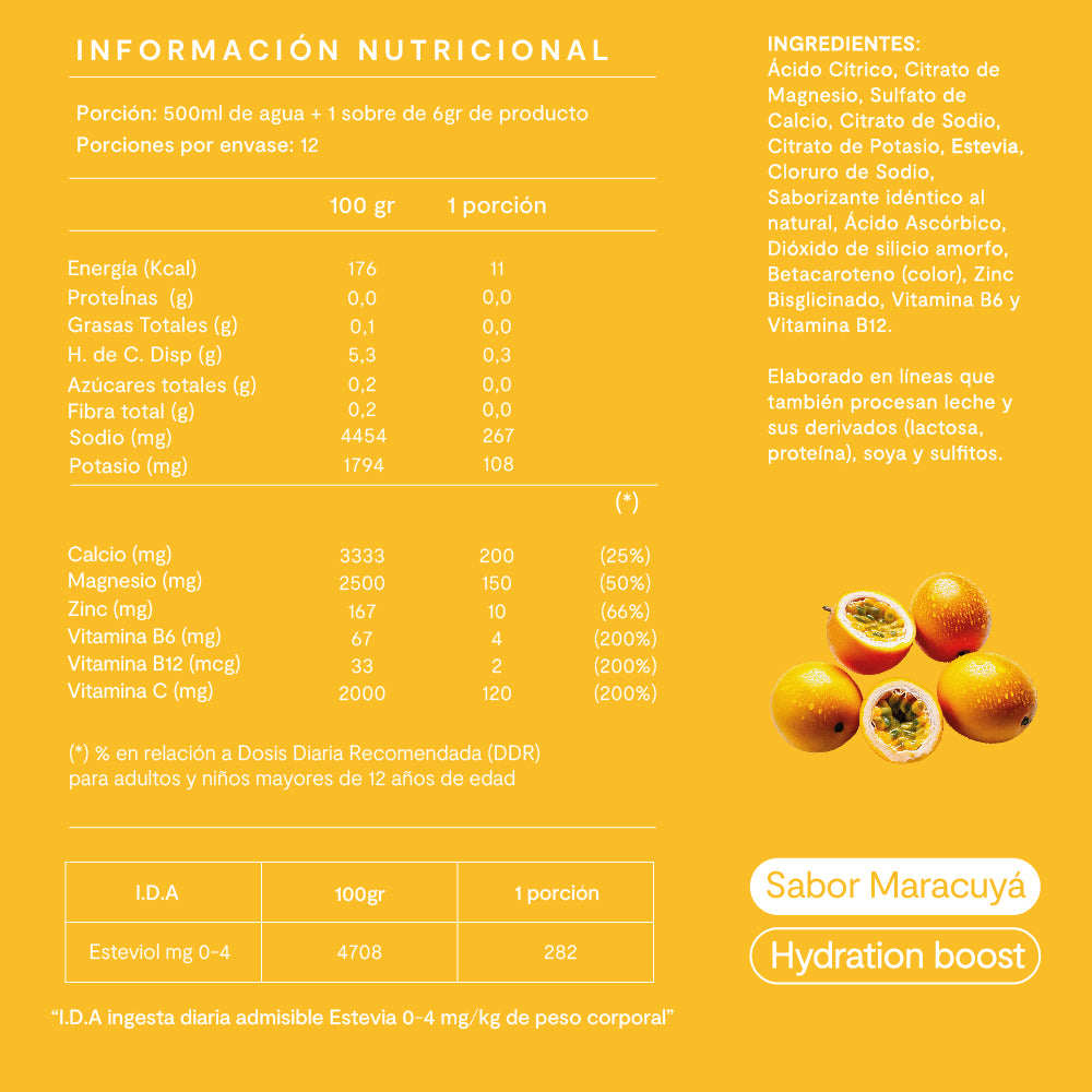 Electrolitos en Polvo Sabor Maracuyá 12 Sticks - Amazing Care® | Electrolitos Hidratantes